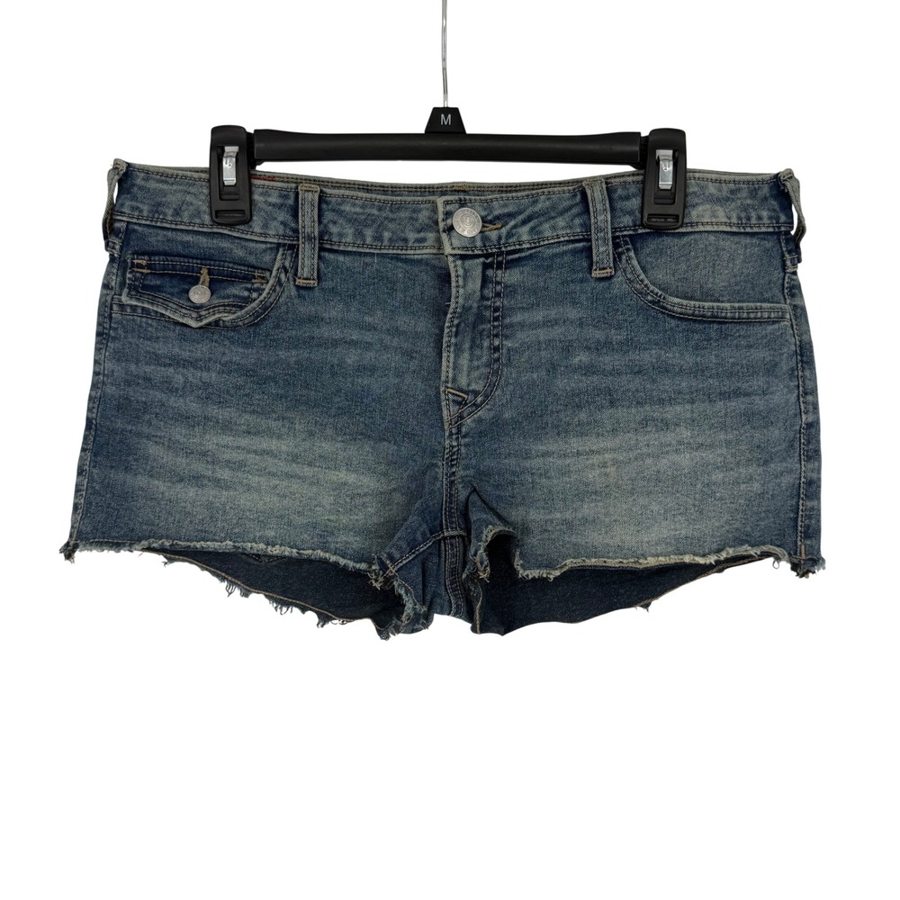 True Religion Joey Cut-Off Shorts Women 31 Blue Low Rise Frayed Hem
